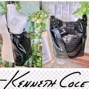 NWOT Kenneth Cole Crocodile textured black leather Top Handle Tote carryall